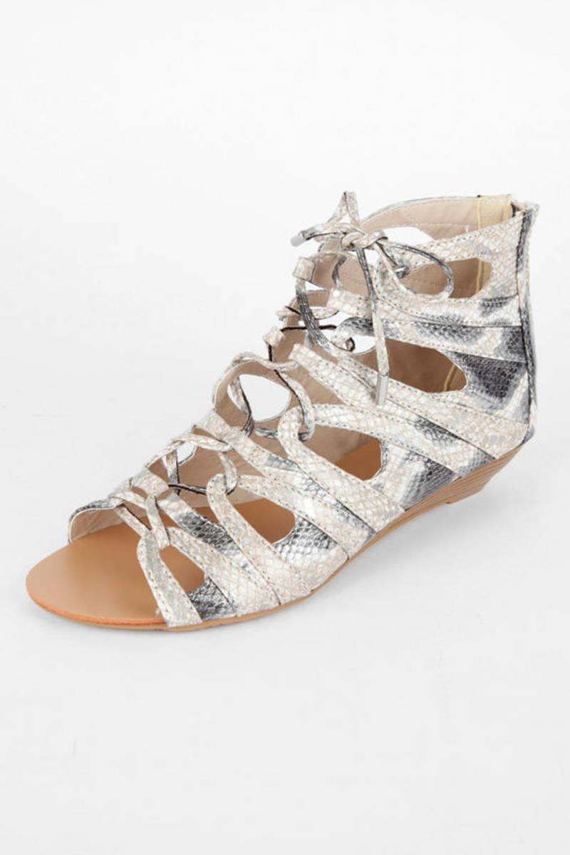 Denisa Lace Up Snake Sandals in White - $18 | Tobi US