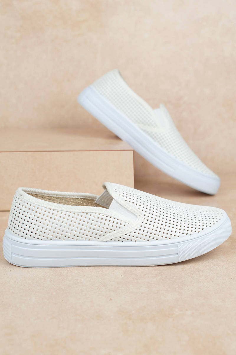 white perforated slip on sneakers