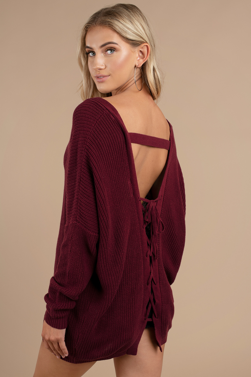 Cheap Wine Sweater - Red Sweater - Lace Up Sweater - Wine Sweater ...