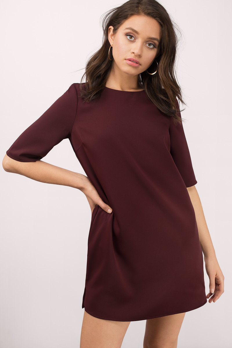 Cute Wine Shift Dress - Short Sleeve Dress - Simple Dress - $28 | Tobi US