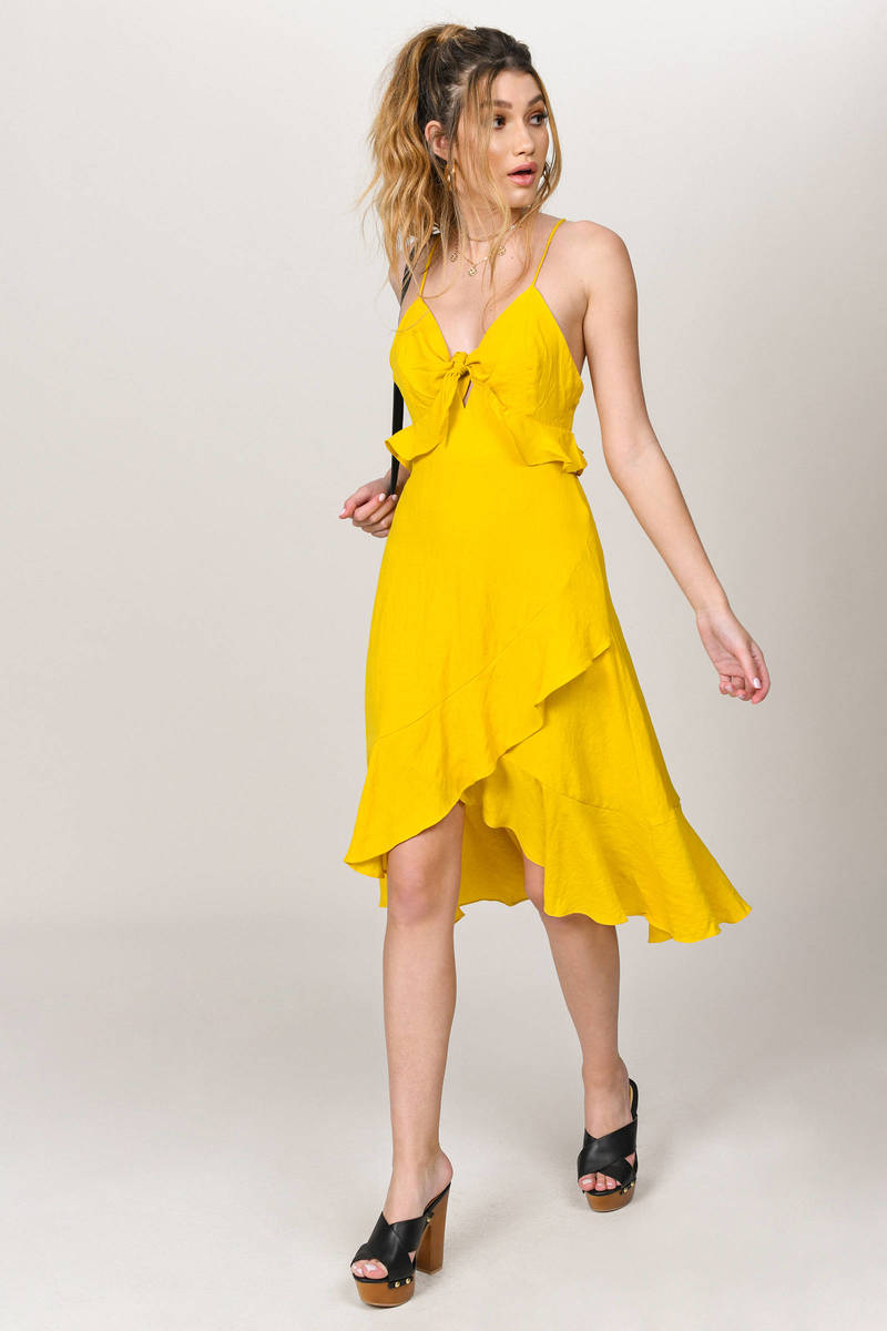 yellow ruffle midi dress