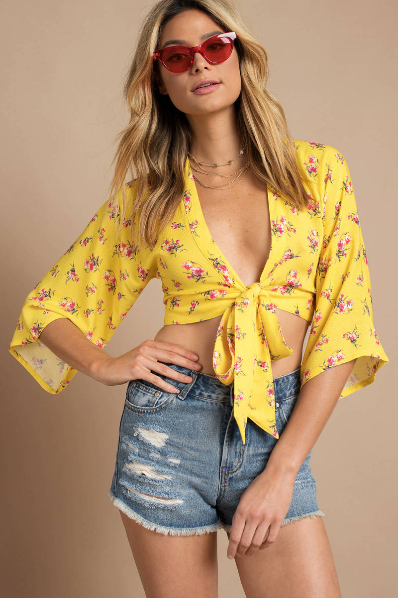 yellow floral wrap top