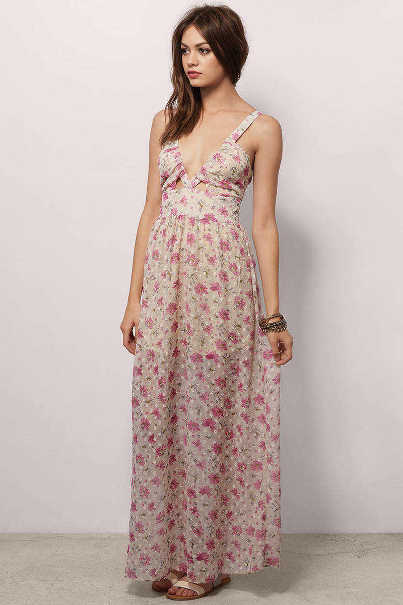 Flower Power Light Blue Floral Print Plunging Maxi Dress