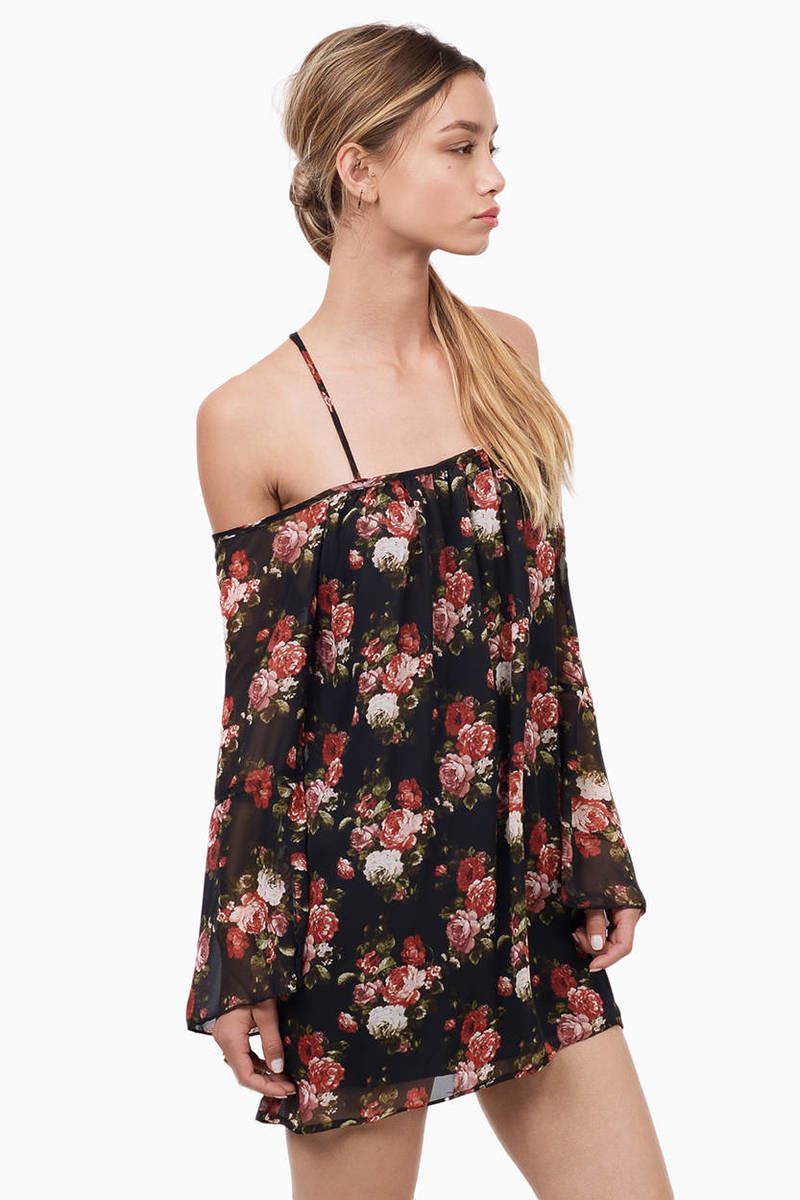 Black Floral Day Dress - Black Dress - Shift Dress - $9.00