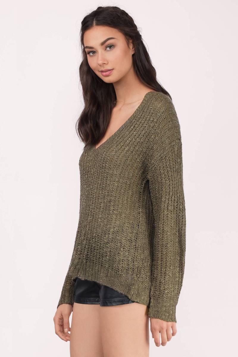 Cute Olive Sweater - Green Sweater - V Neck Sweater - $25.00