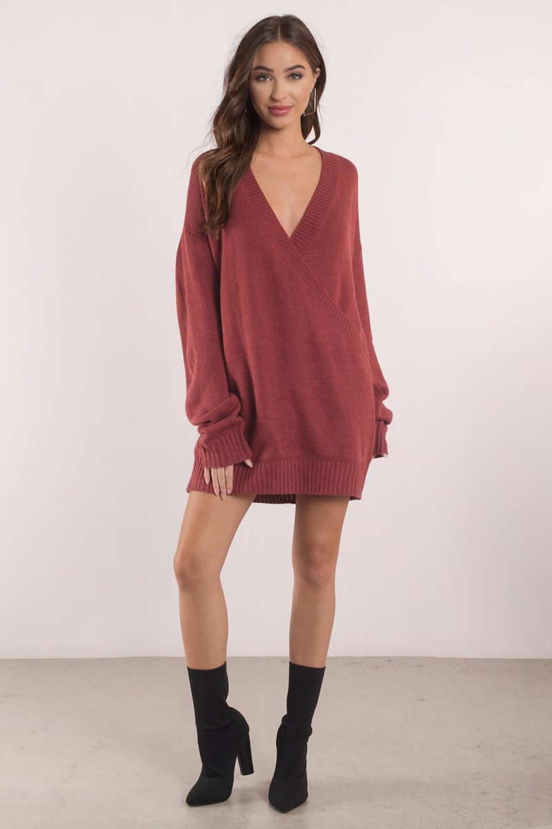Cute Wine Dress - Deep V - Wine Oversized Sweater - $30 | Tobi US