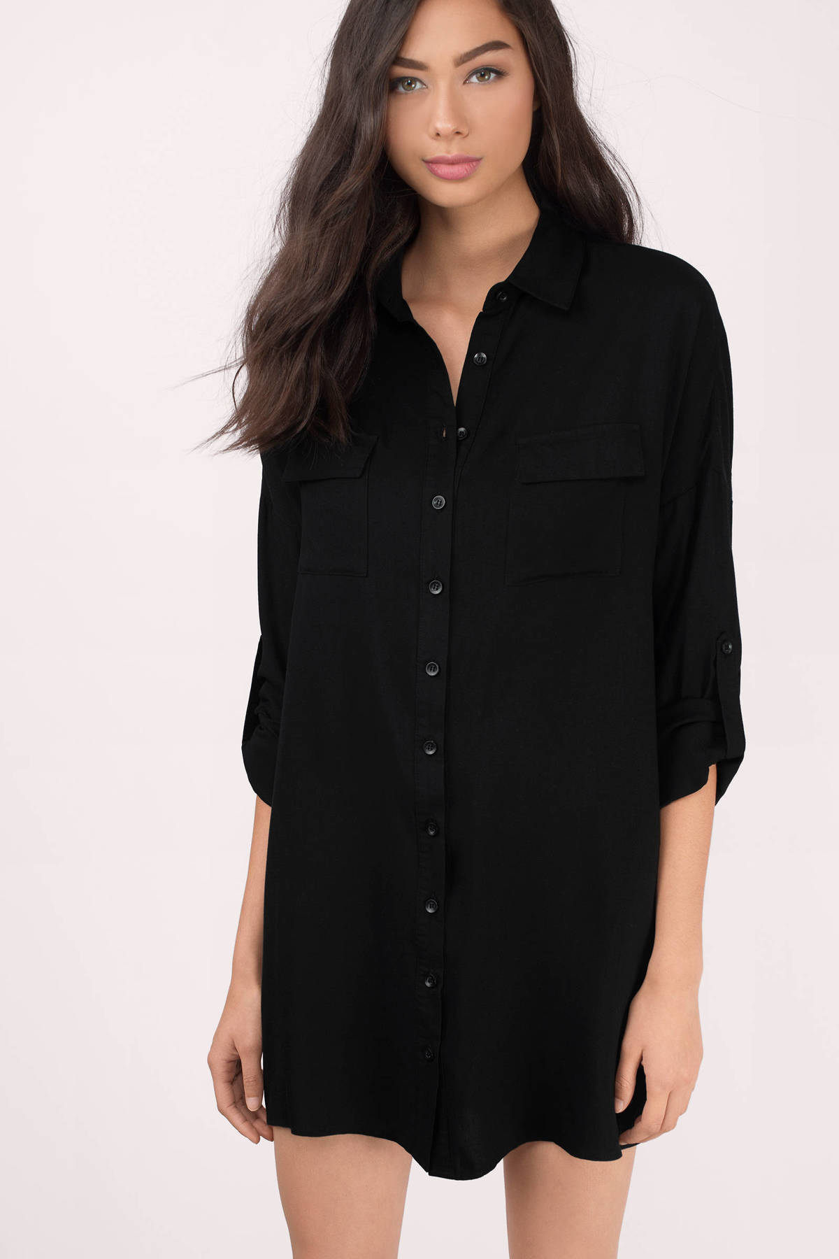 black ruched side fitted shirt dress