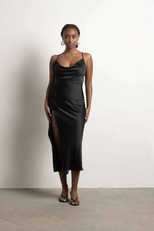 Black Midi Dress - Satin Cowl Neck Dress - High Side Slit Dress