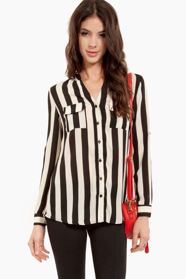 Double Pocket Stripe Blouse in Black and White - $46 | Tobi US