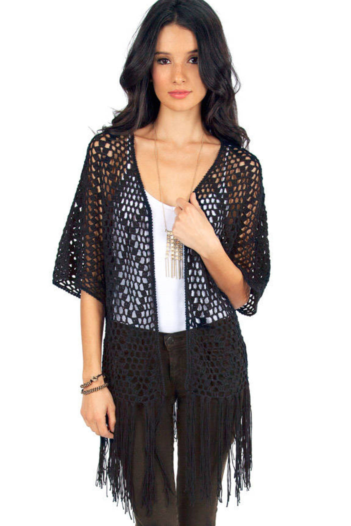 Angela Fringe Open Cardigan in Black - $56 | Tobi US