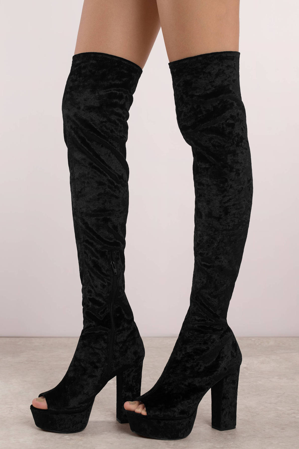 At Dusk Crushed Velvet Thigh High Boots in Black - $24 | Tobi US