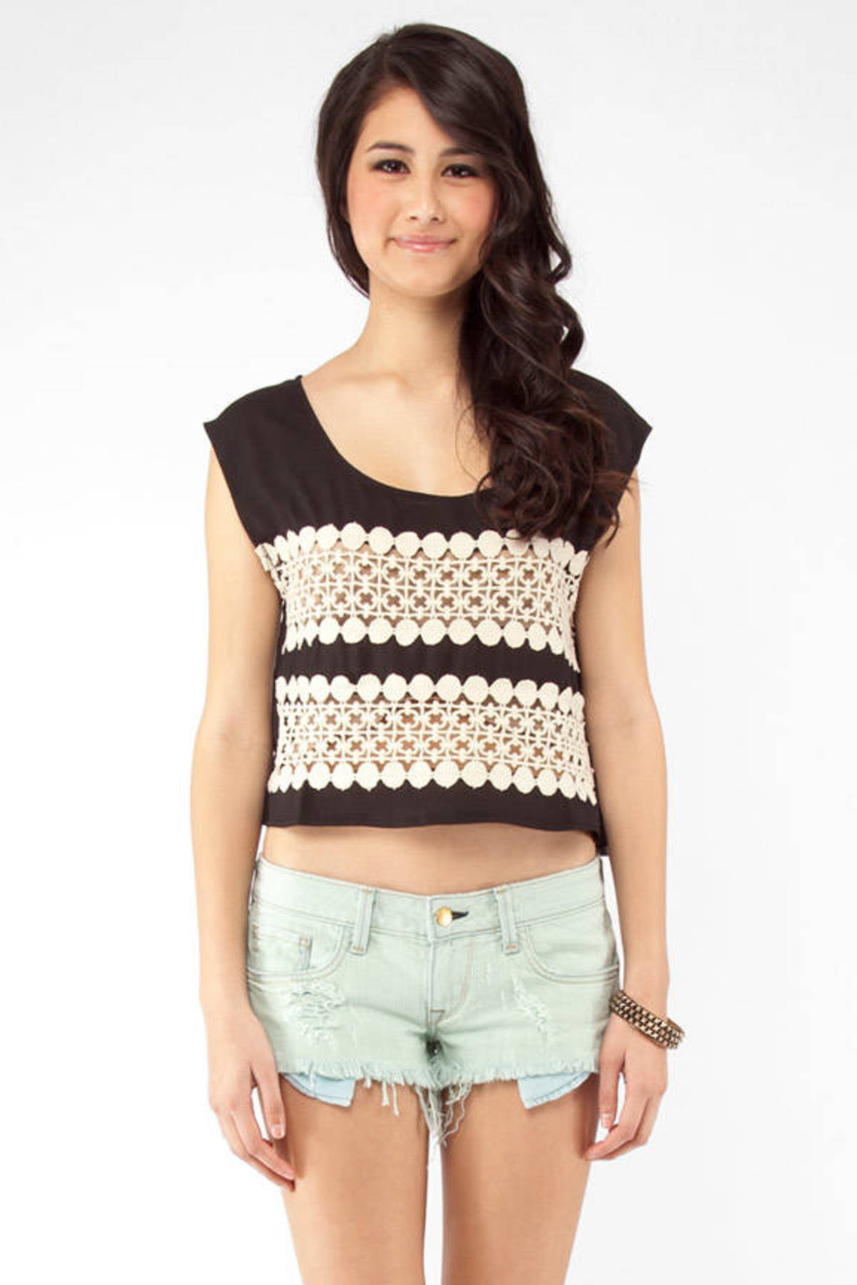 Cropped Crochet Detail Top in Black 10 Tobi US