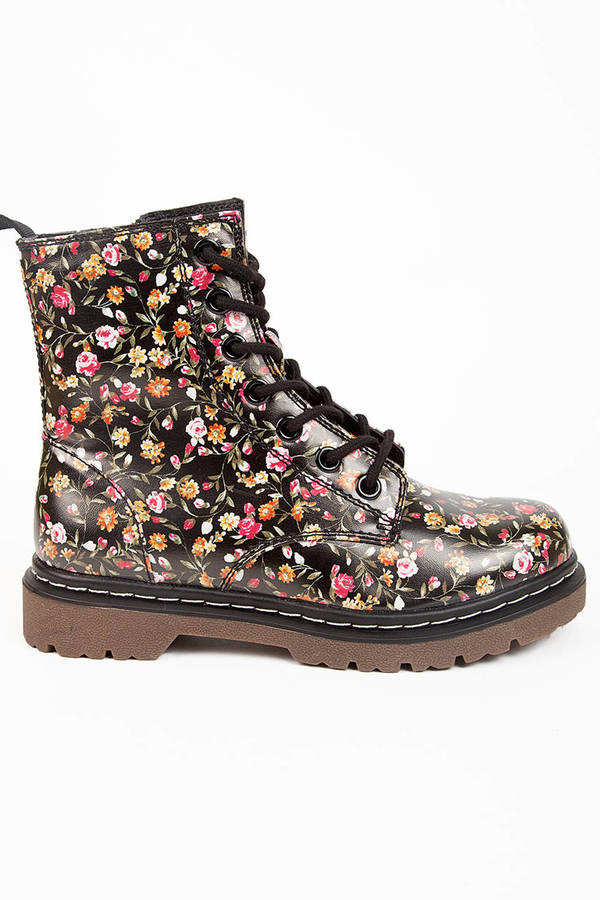 Guns and Roses Combat Boot in Black Floral - $60 | Tobi US