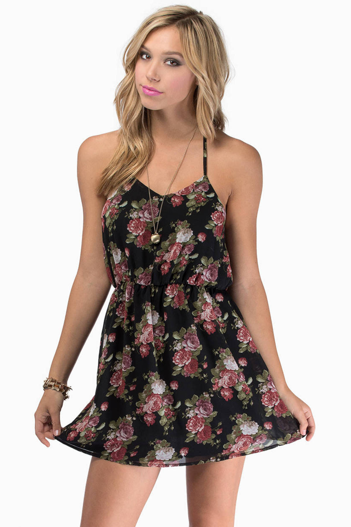 Rose Bed Back Strap Dress in Black Floral - $15 | Tobi US
