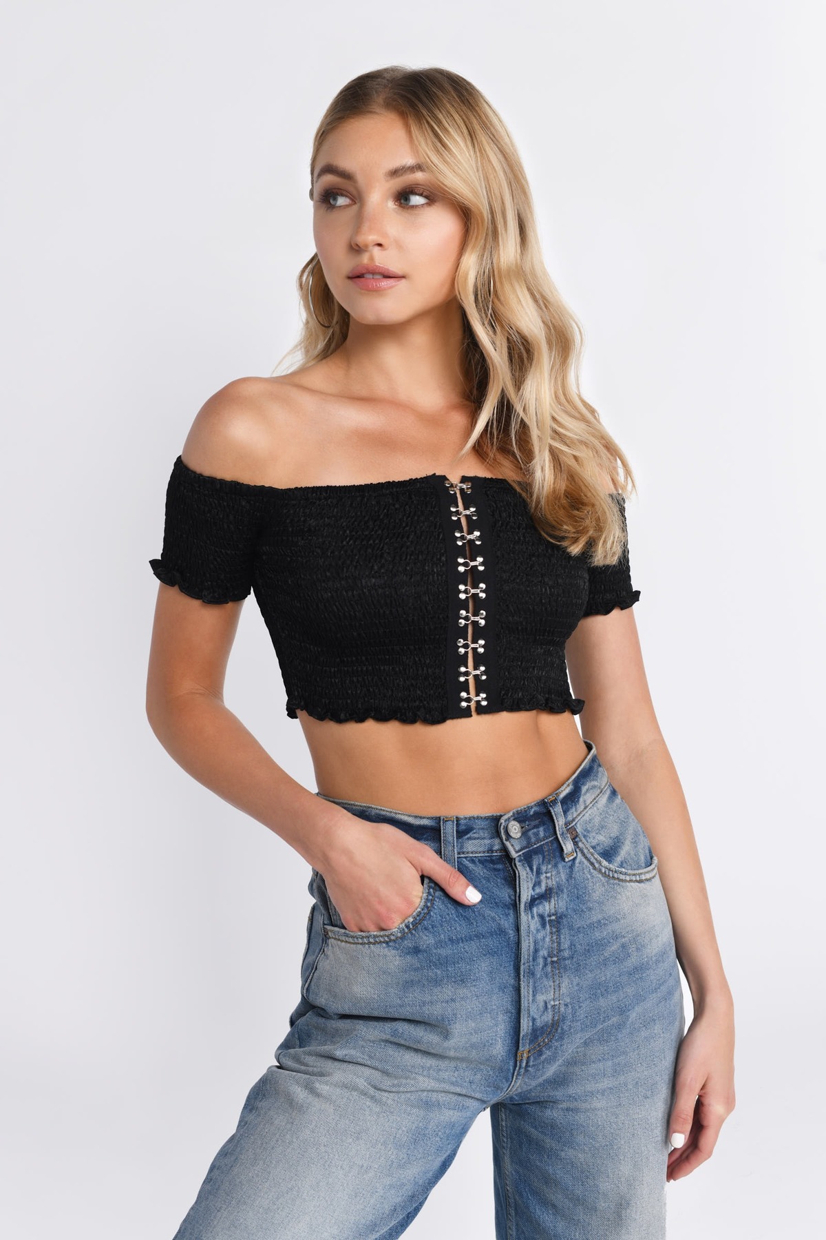 Trendy Black Top - Off Shoulder Top - Short Sleeve Top