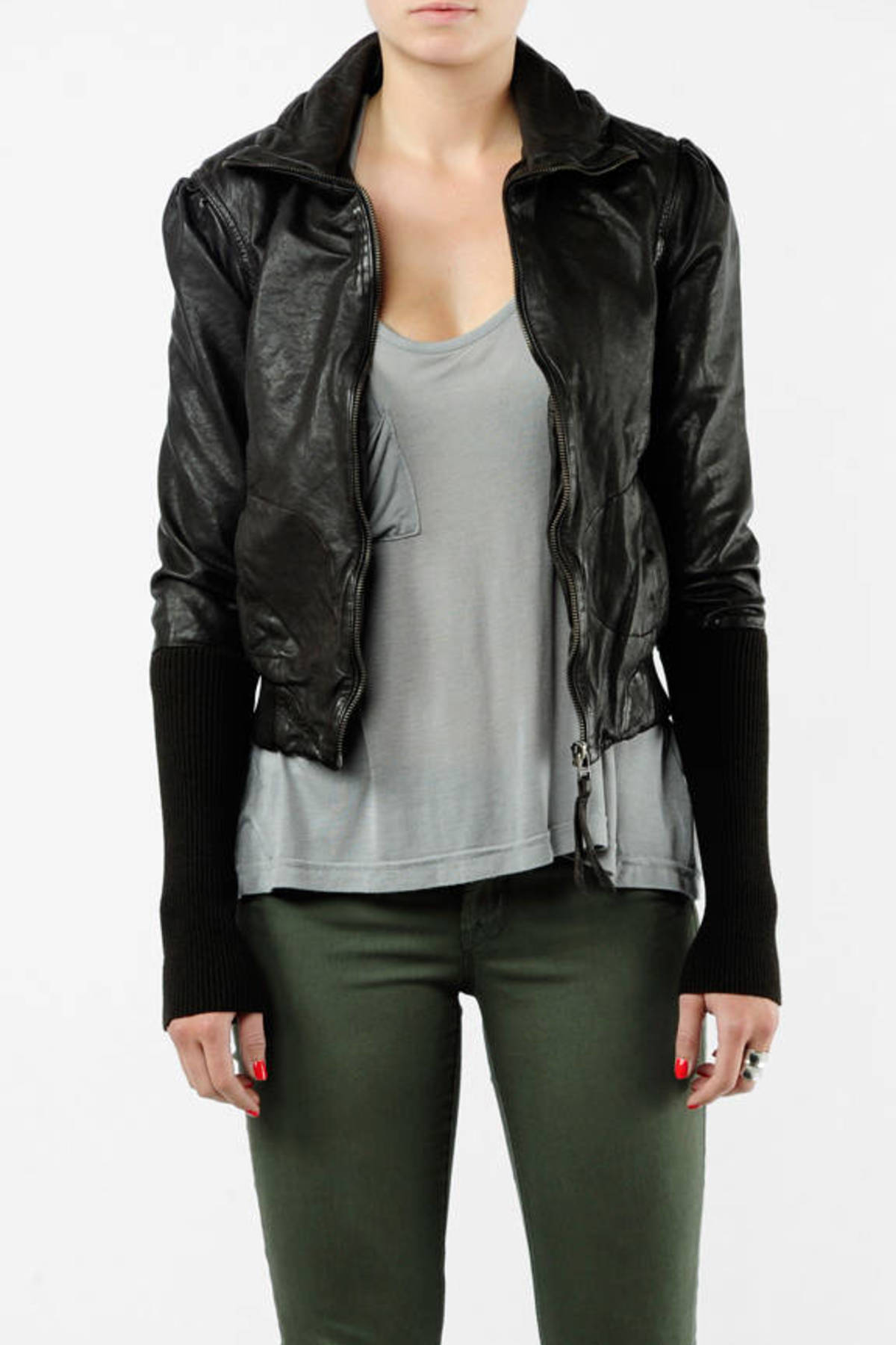 Knit Cuff Leather Jacket in Brown - $189 | Tobi US