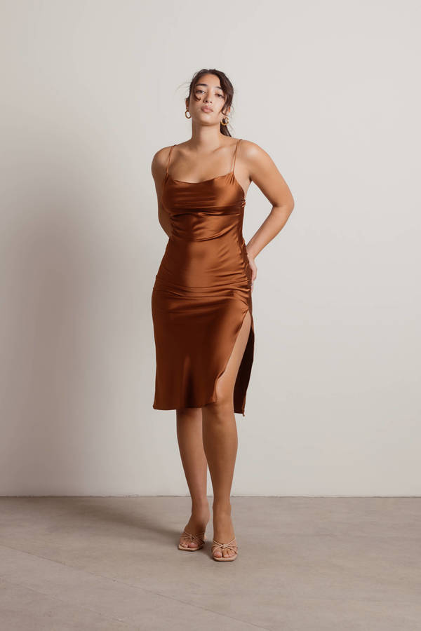 Brown Midi Dress - Cowl Neck Slit Dress ...