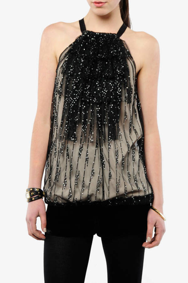 Sequin Halter Mesh Top in Champagne - $65 | Tobi US