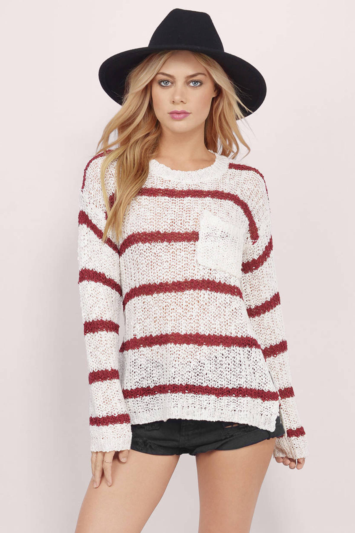 Cambria Striped Knit Sweater in Cream & Wine - $10 | Tobi US