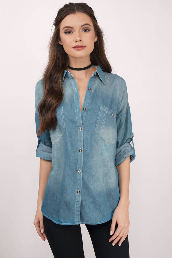 Dark Wash Shirt - Blue Shirt - Button Up Shirt - Dark Wash Top - $12 ...