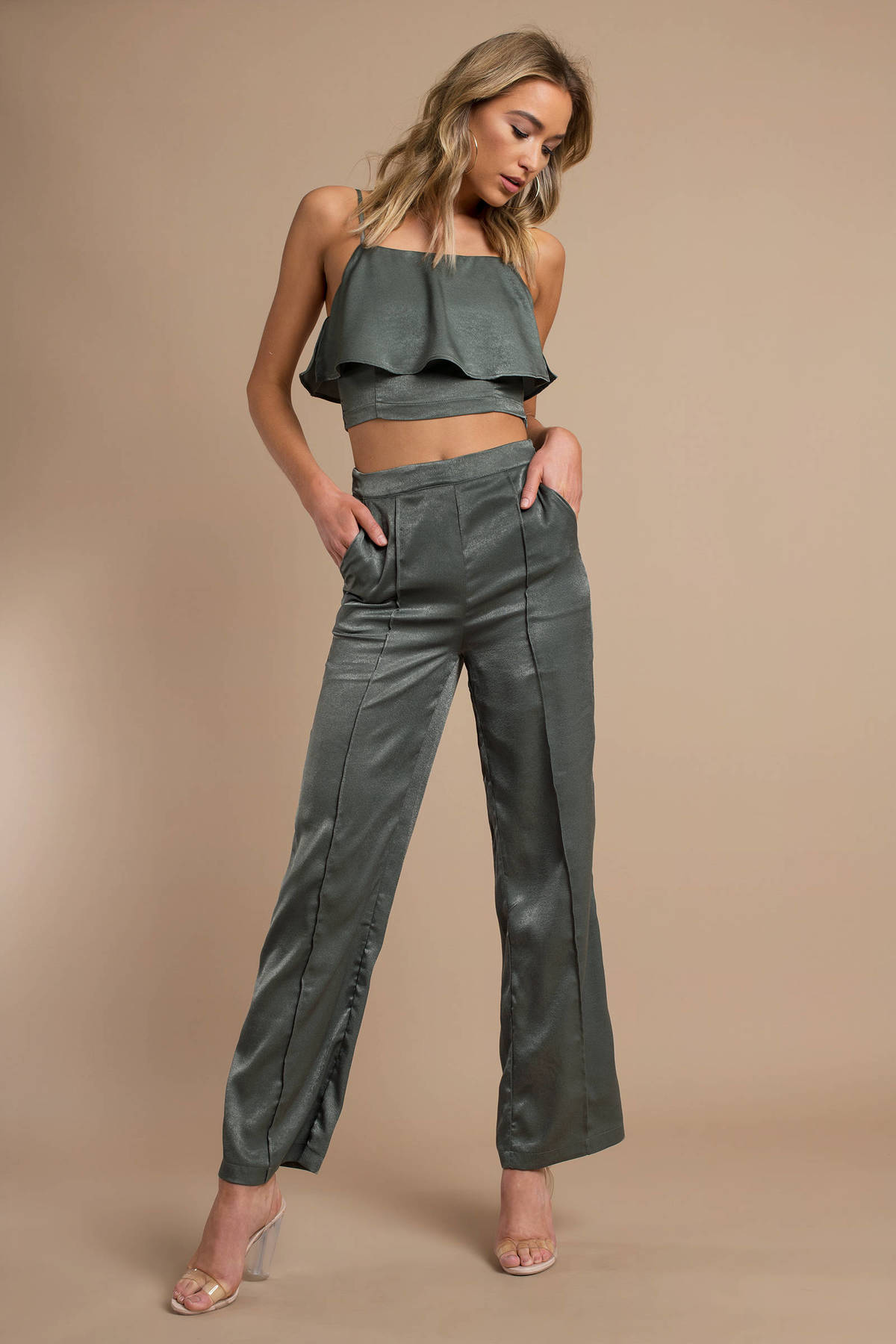 Settle The Score Satin Pants in Dusty Teal - $68 | Tobi US