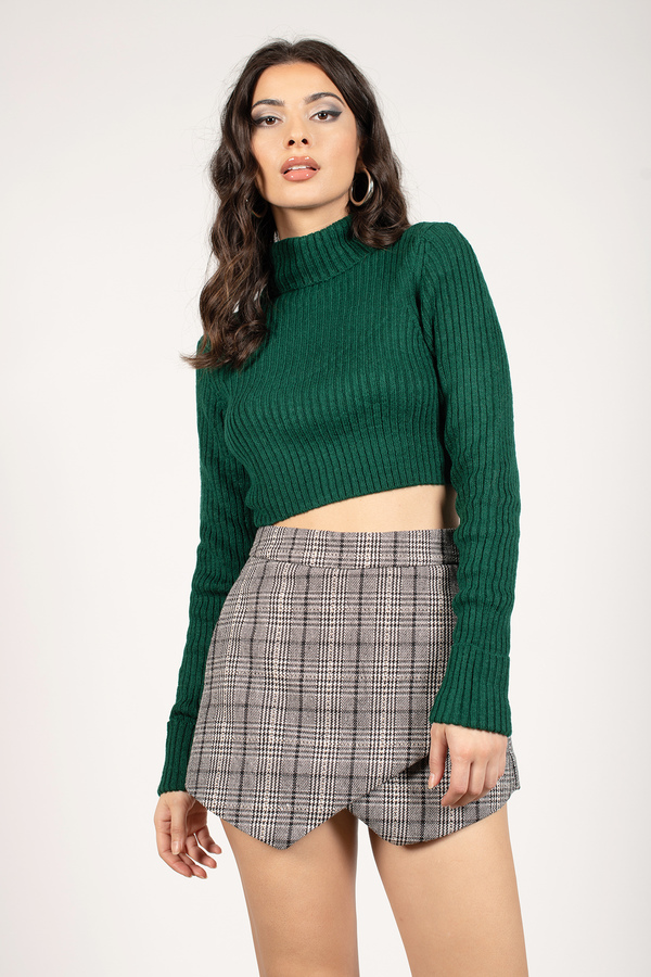 Green Sweater - Turtleneck Neck Cuff Sleeves Sweater - Emerald Cropped  Sweater