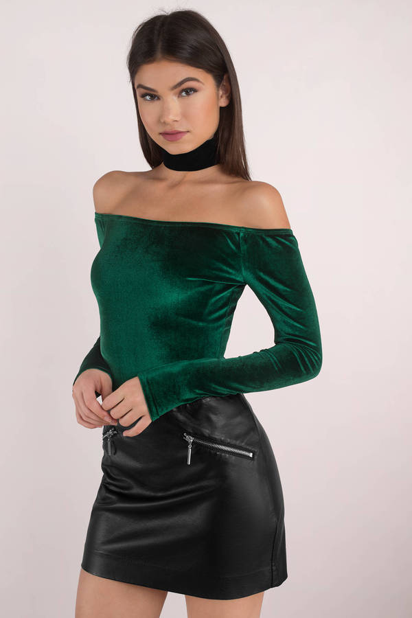 emerald green velvet off the shoulder dress