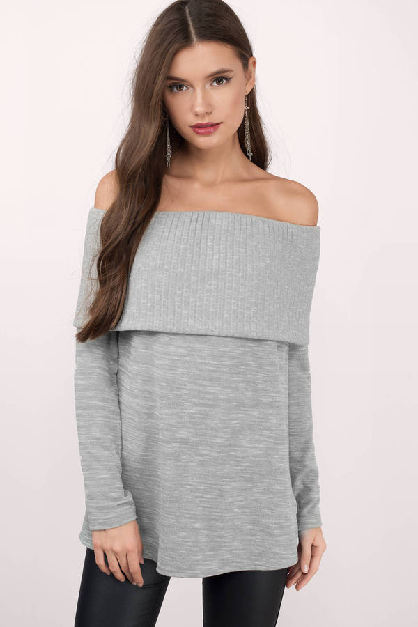 Comfy Grey Sweater - Off The Shoulder Sweater - Grey Cut Out Sweater ...