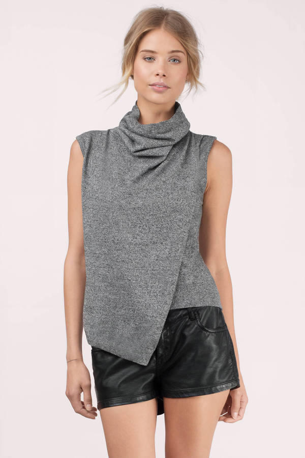 Grey Shirt - Turtle Neck Knits - High Neck Wrap Top - Grey Sleeveless
