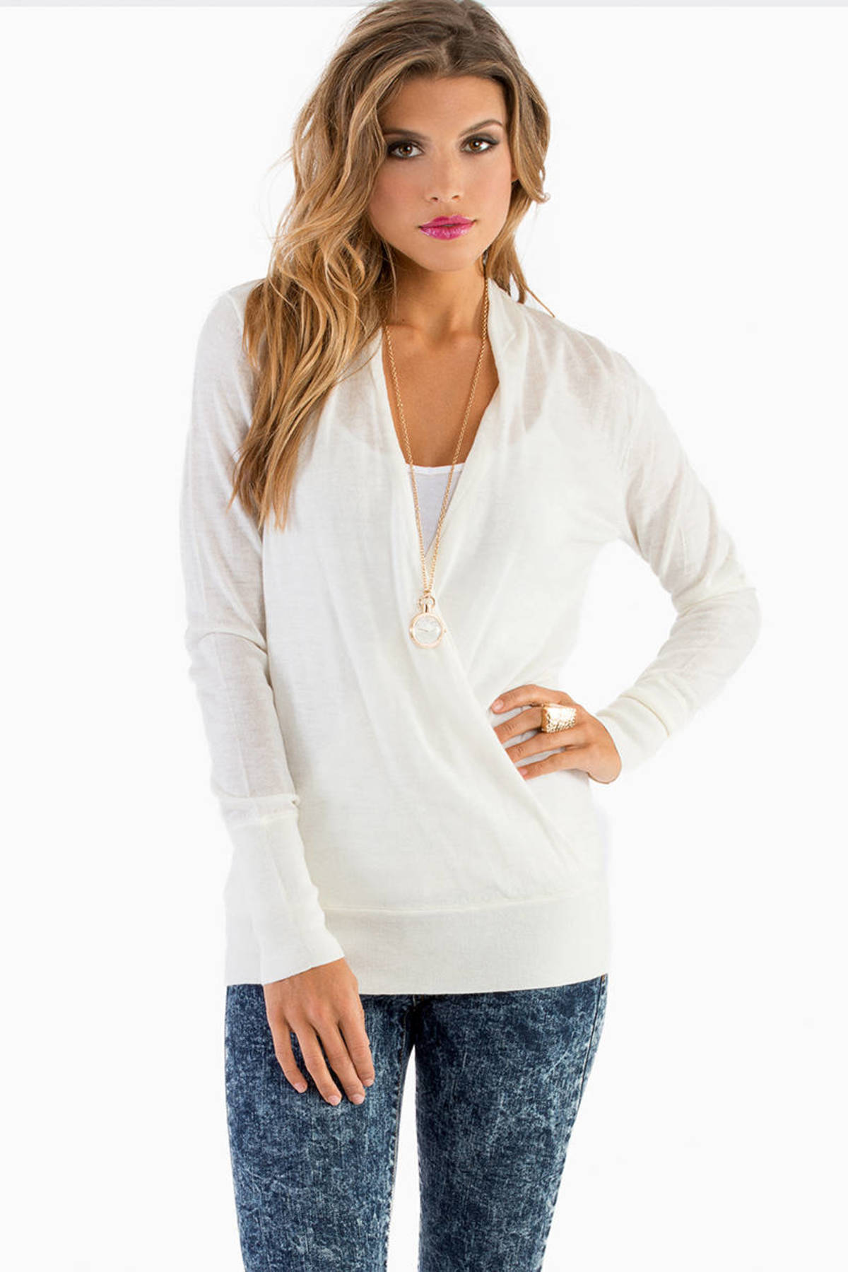 Juliana Wrap Front Sweater in Ivory - $26 | Tobi US