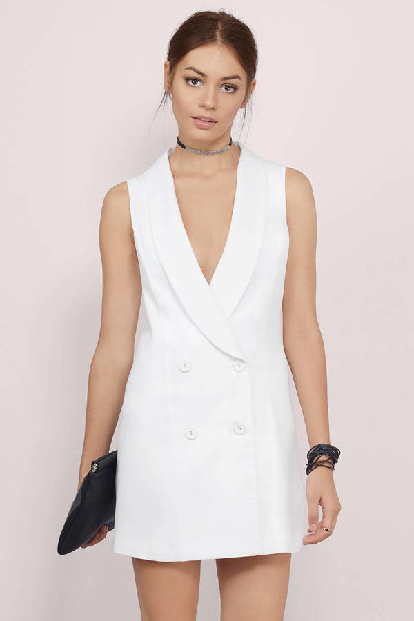 White Wrap Dress - Blazer Dress - White Sleeveless Dress - Tuxedo Dress ...
