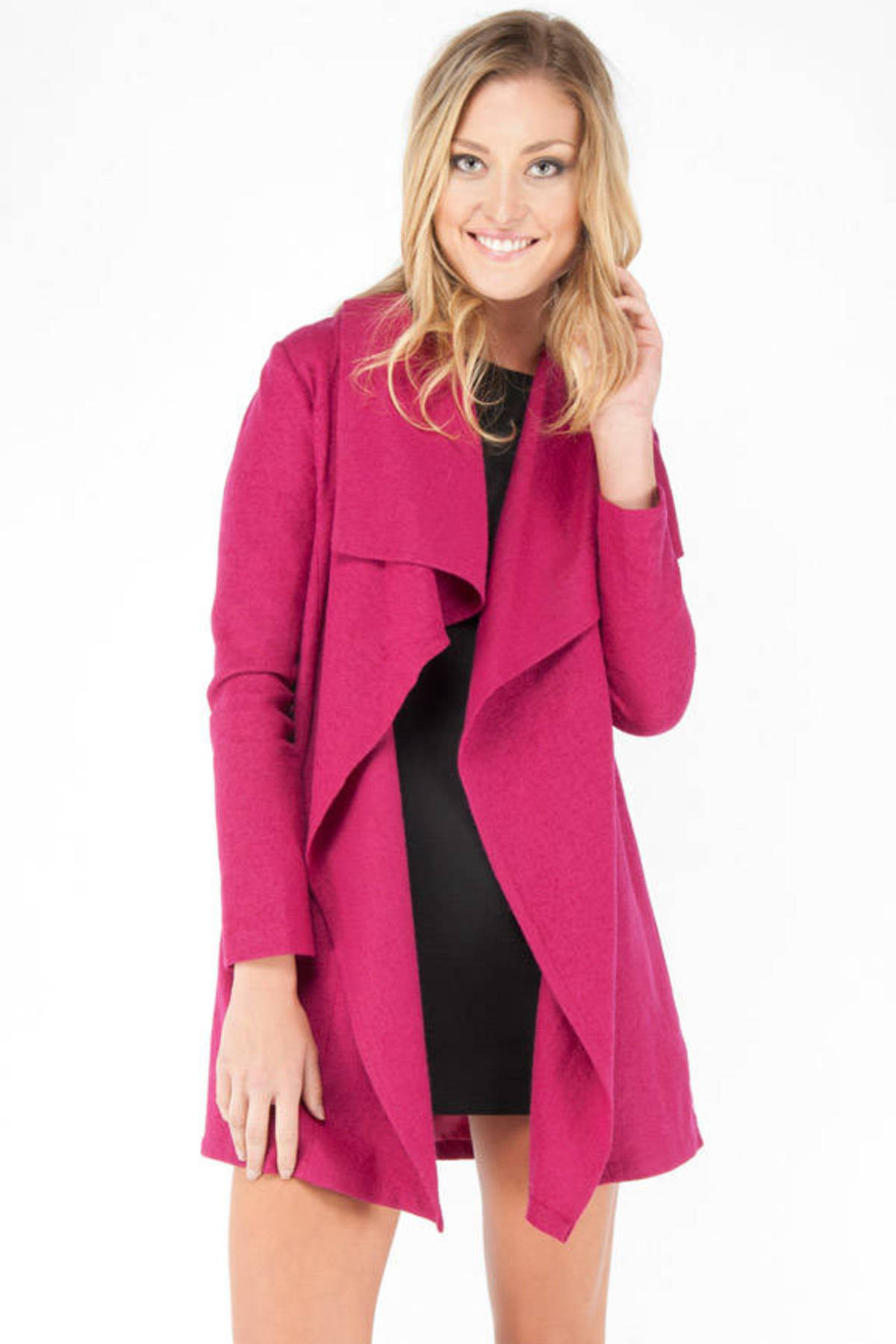 Open Collared Knitted Jacket in Magenta - $23 | Tobi US