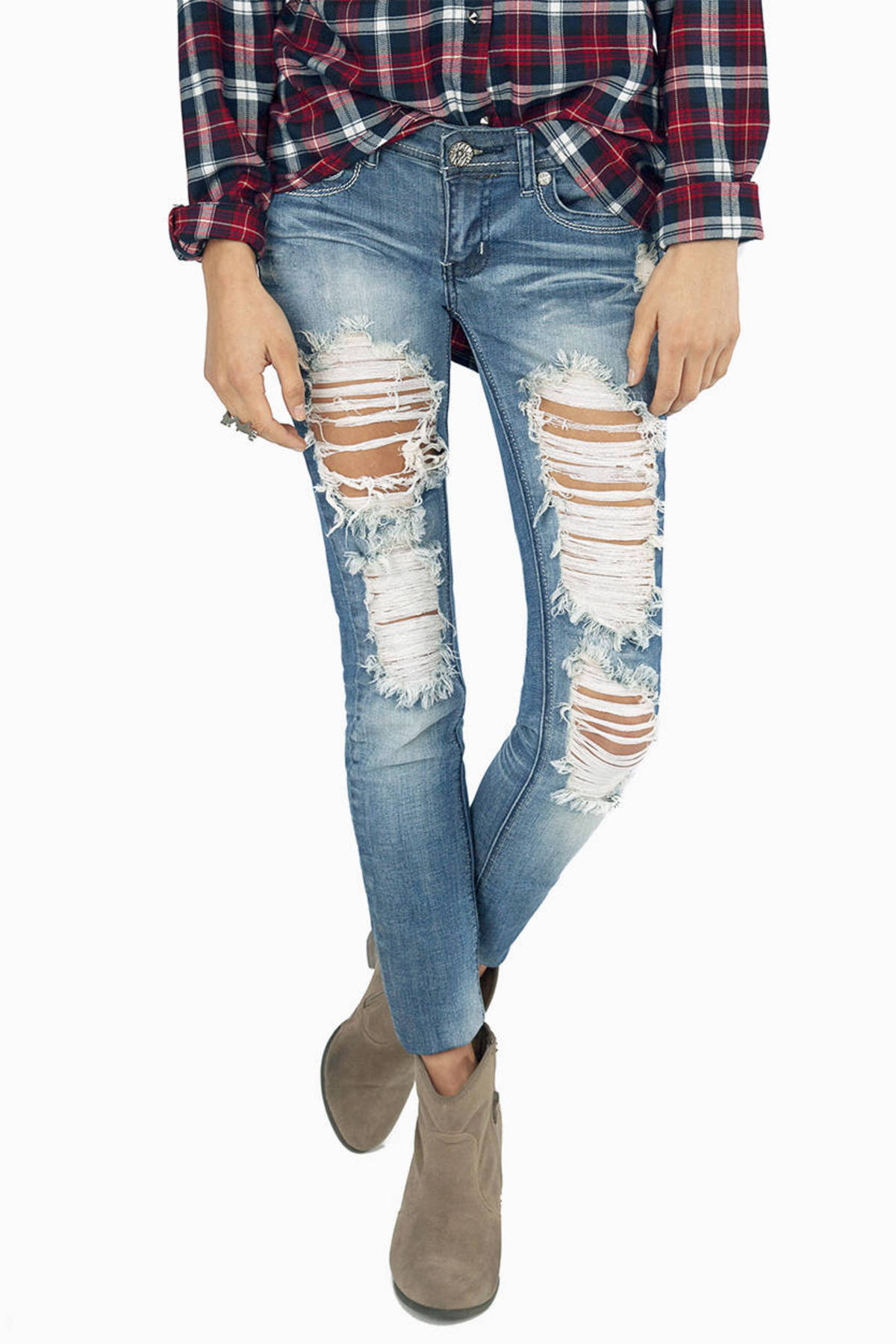 Destroyed Skinny Jeans in Medium Blue - $64 | Tobi US