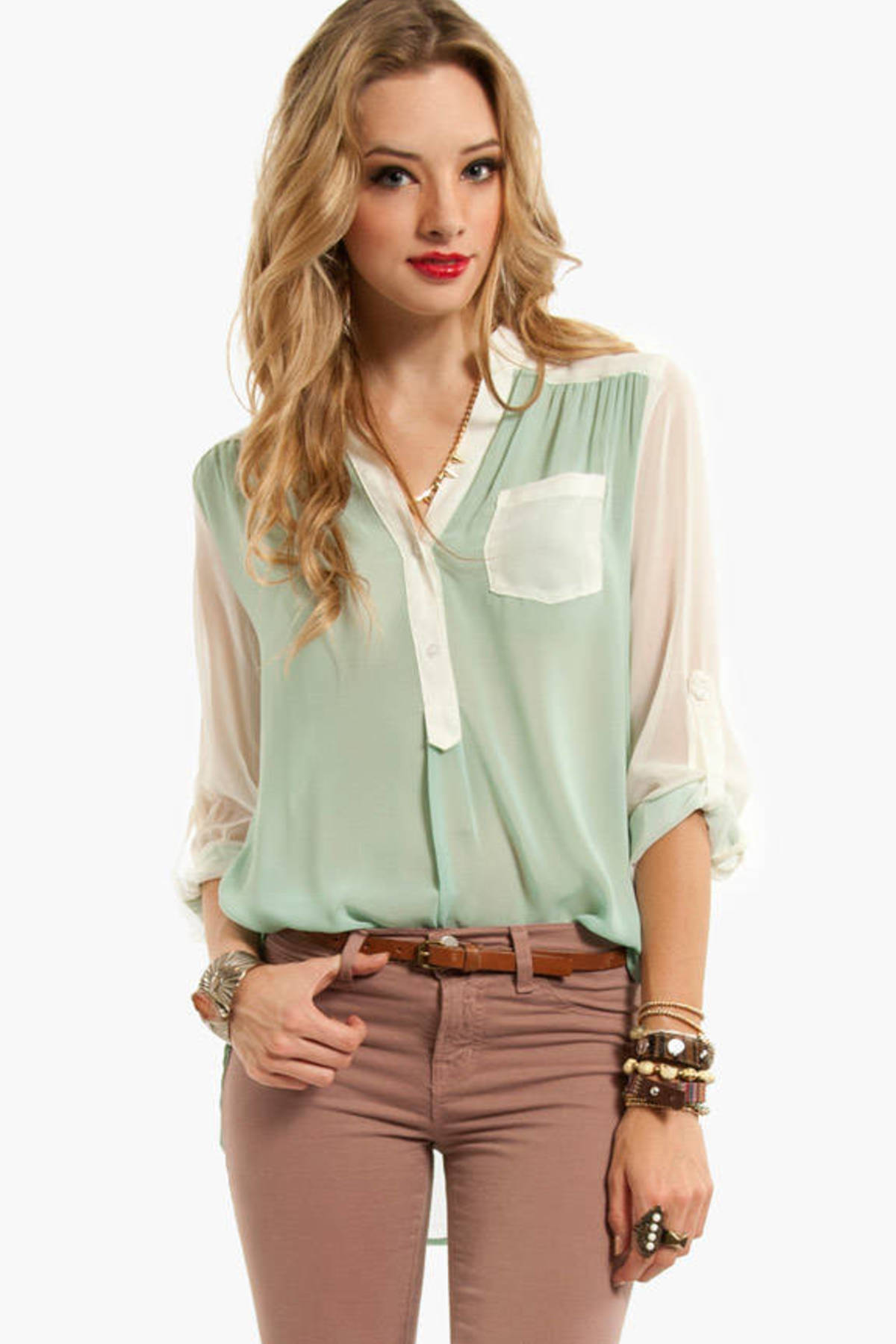 Compare and Contrast Button Down Blouse in Mint - $44 | Tobi US