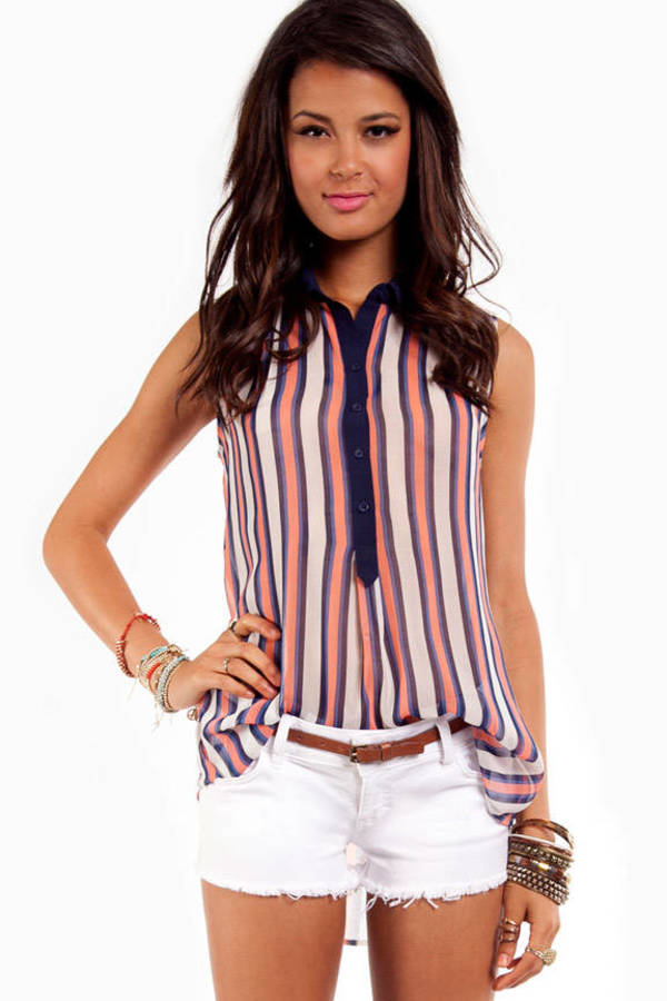 Straight Up Sleeveless Button Down Shirt in Navy and Pink - $20 | Tobi US