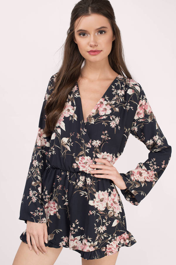 Navy Romper Floral Romper Deep V Romper Blue Romper 24 Tobi Us 9476