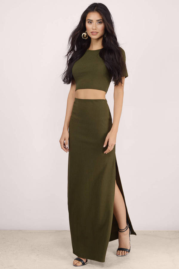 Trendy Olive Skirt - Ribbed Skirt - Cut Out Skirt - Olive Maxi Skirt ...