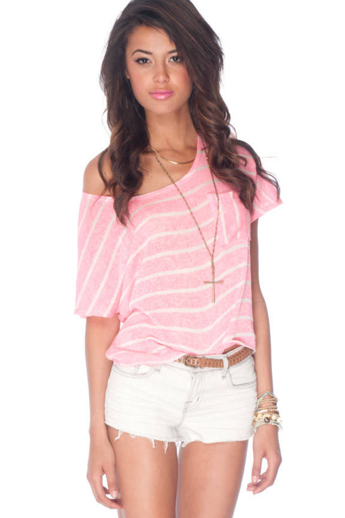 Brandy Striped Knit Top in Pink and White 34 Tobi US
