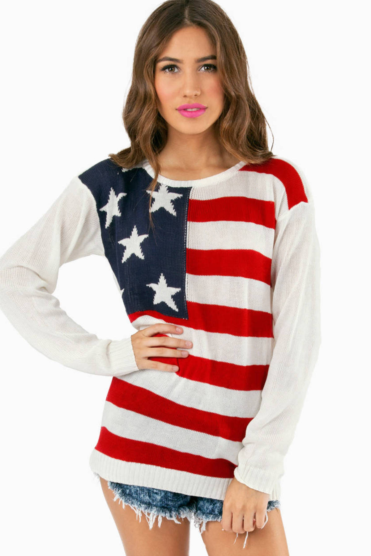 America For Me Knit Sweater in Red Multi - $50 | Tobi US