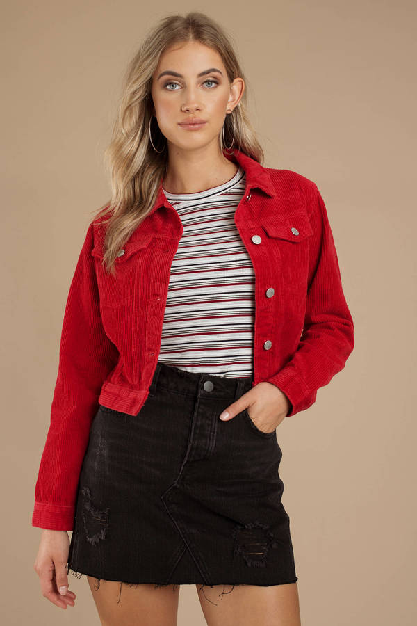 red denim jacket and skirt