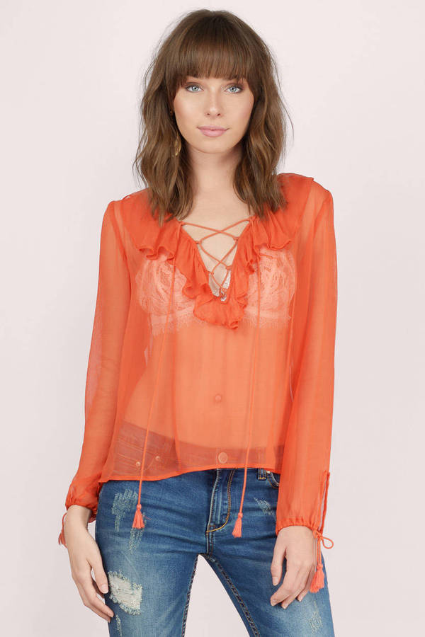 Terracotta Blouse - Orange Blouse - Lace Up Blouse - Sheer Blouse - $26 ...