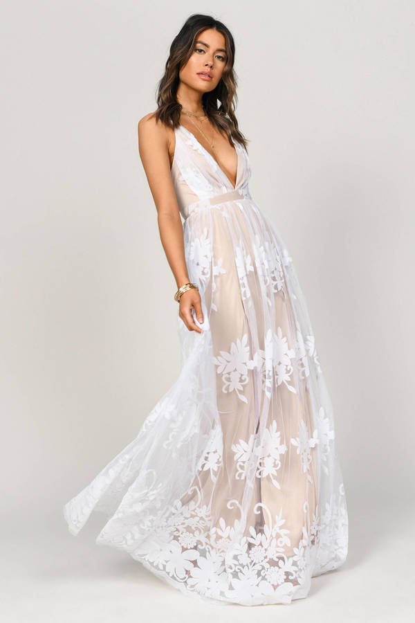 White Maxi Dress - Lace Dress With Cami Straps - Plunging Floral Dress