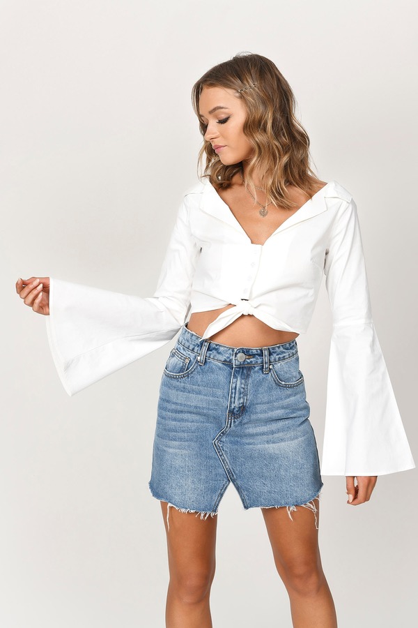 White Bell Sleeve Crop Top - Button Up Crop Top - White Front Tie