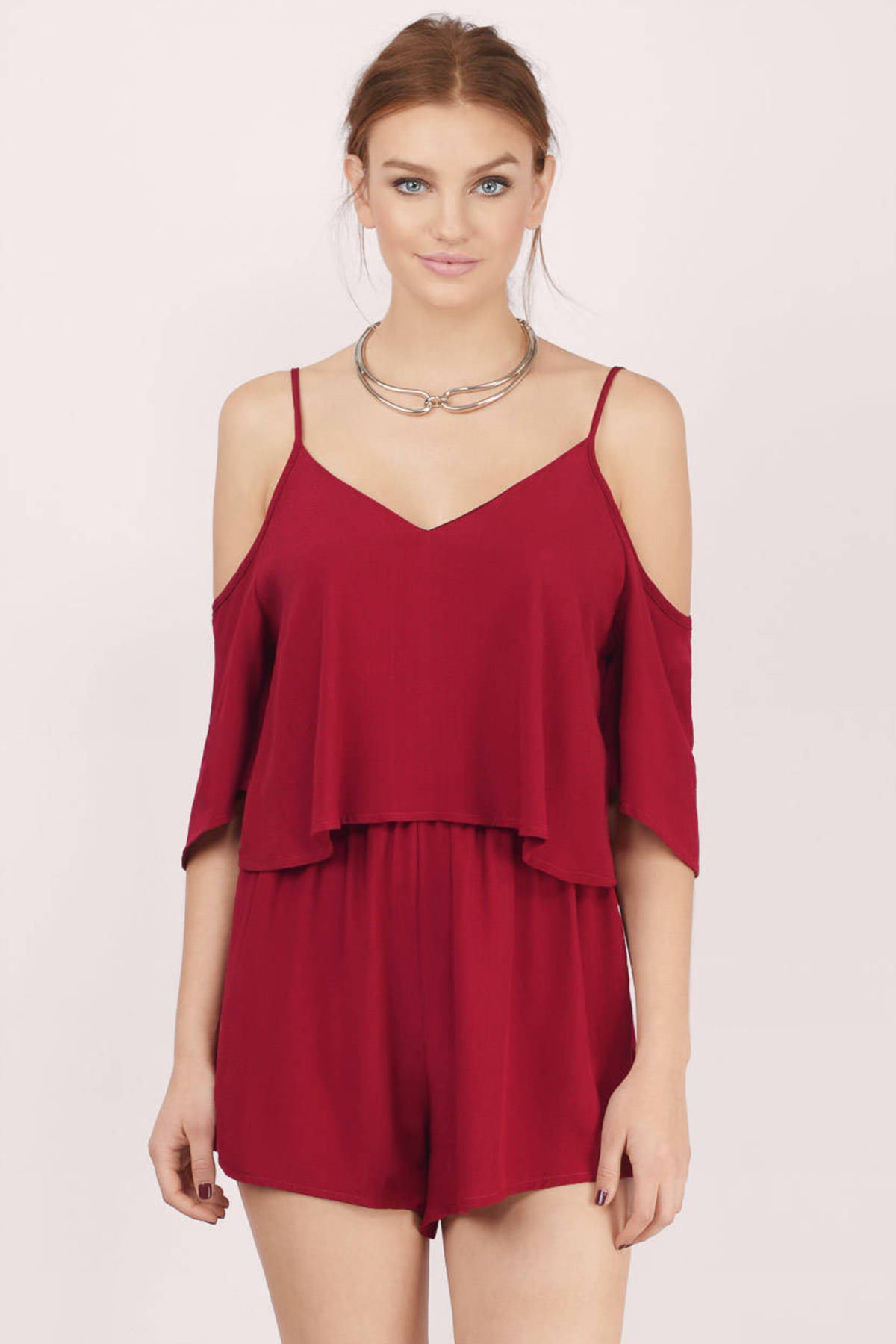 All The Tiers Cold Shoulder Romper in Wine - $56 | Tobi US