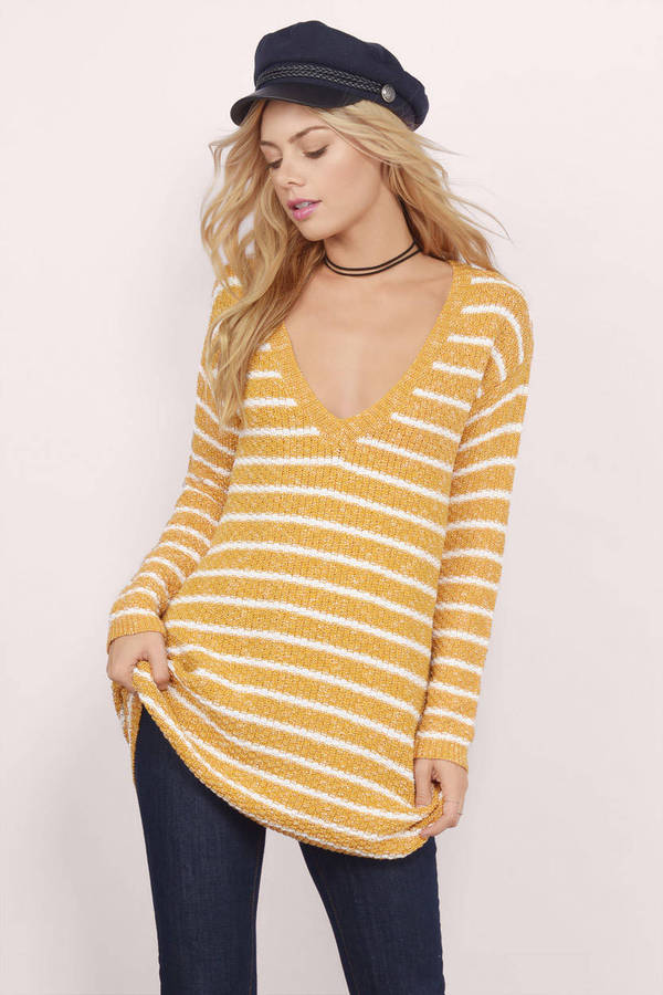 Yellow & White Sweater - Yellow Sweater - Tunic Sweater - $13 | Tobi US
