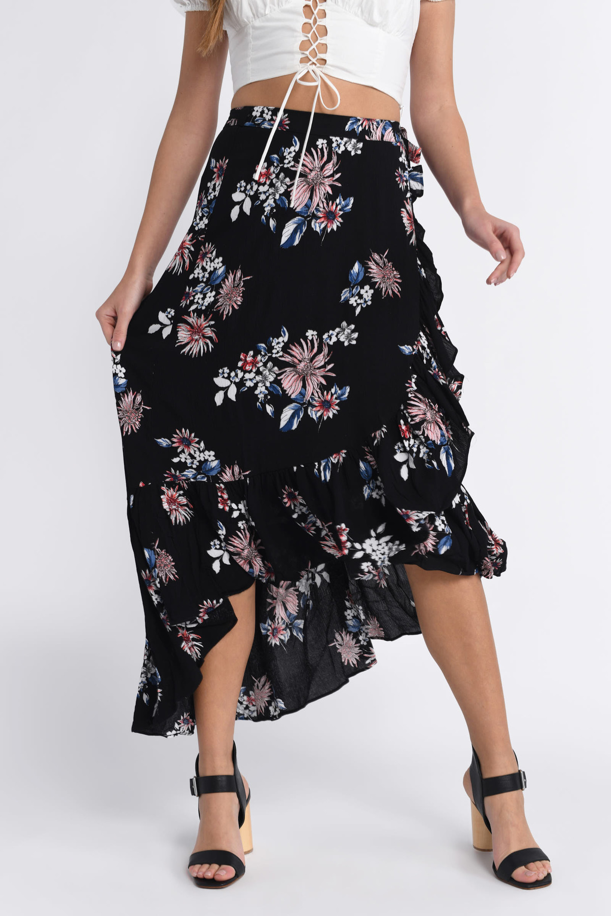 Black Skirt - Floral Print Maxi Skirt - Black High Low Skirt