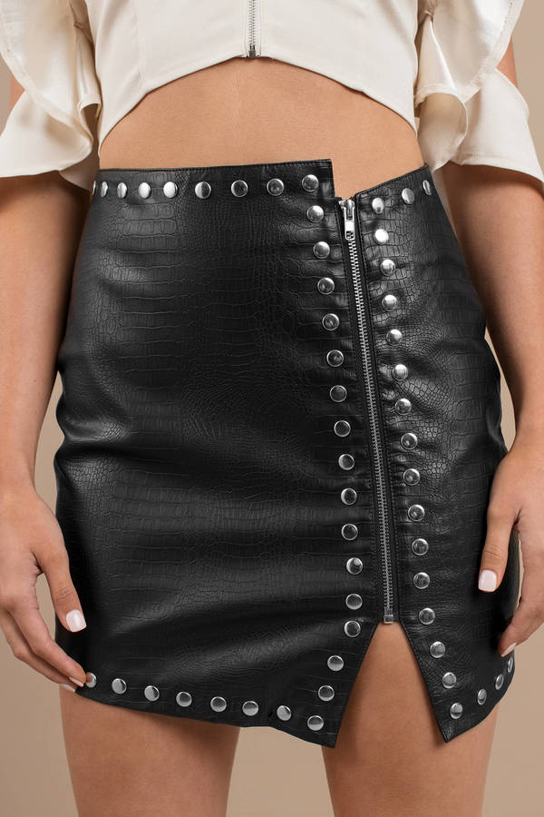 Gena Croc Embossed Faux Leather Studded Skirt in Black - $26 | Tobi US