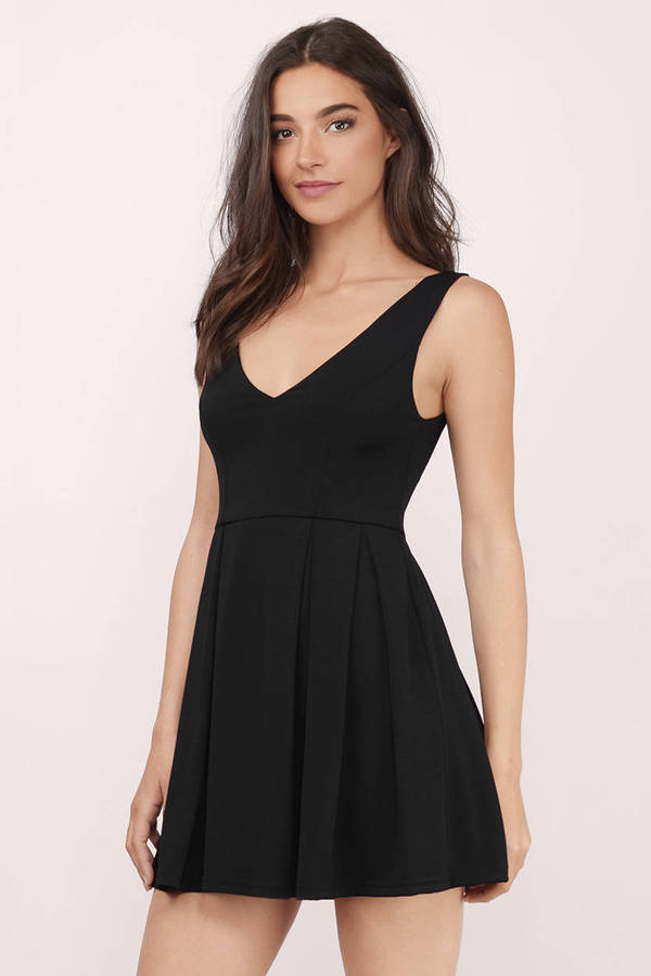 Black Skater Dress - Black Dress - Deep V Dress - Black Skater - $30 ...