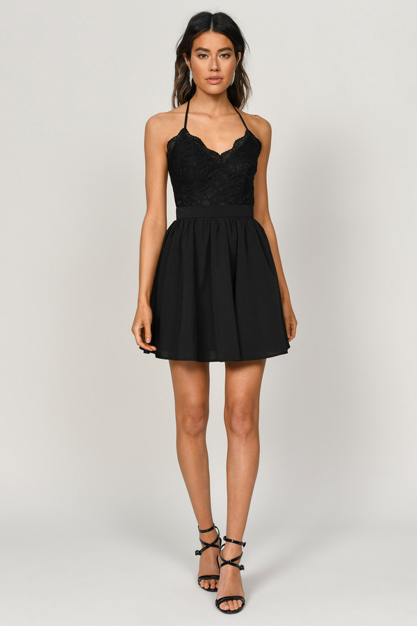 Chic Black Skater Dress - Strappy Lace Dress - Flattering Black Dress ...