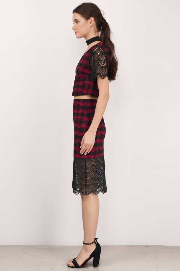 Trendy Black & Red Skirt - Lace And Plaid Skirt - $9.00